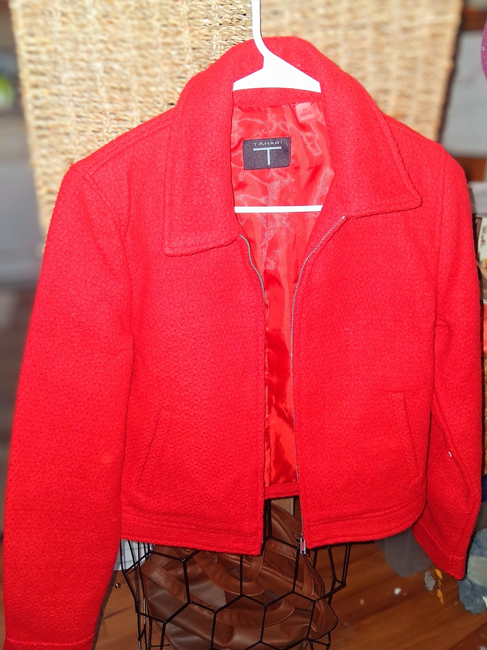 Tahari Vibrant Red Zip-Front Wool Blend Bomber Jacket